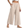 thumbnail image 2 of Oiangi Womens Plus Size Wide Leg Pants Elastic Waist Palazzo Pant Fall Trendy Ankle Trousers with Pockets Beige L, 2 of 7