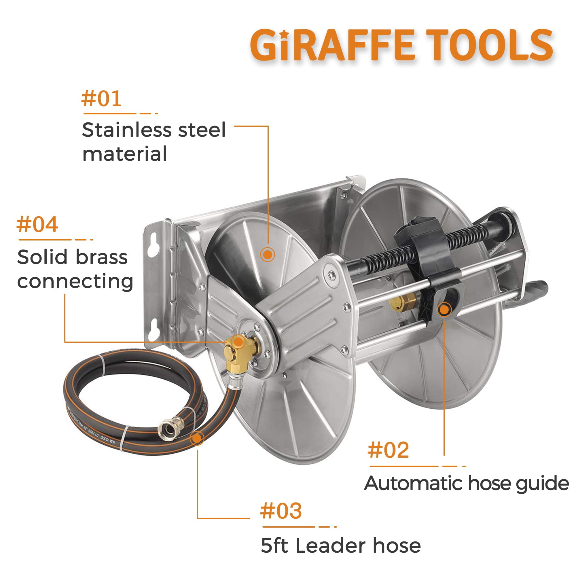 Giraffe Tools Stainless Steel Garden Hose Reel, Heavy Duty, Wall/Floor Mounted with Crank, 5/8in-150ft Hose Capacity