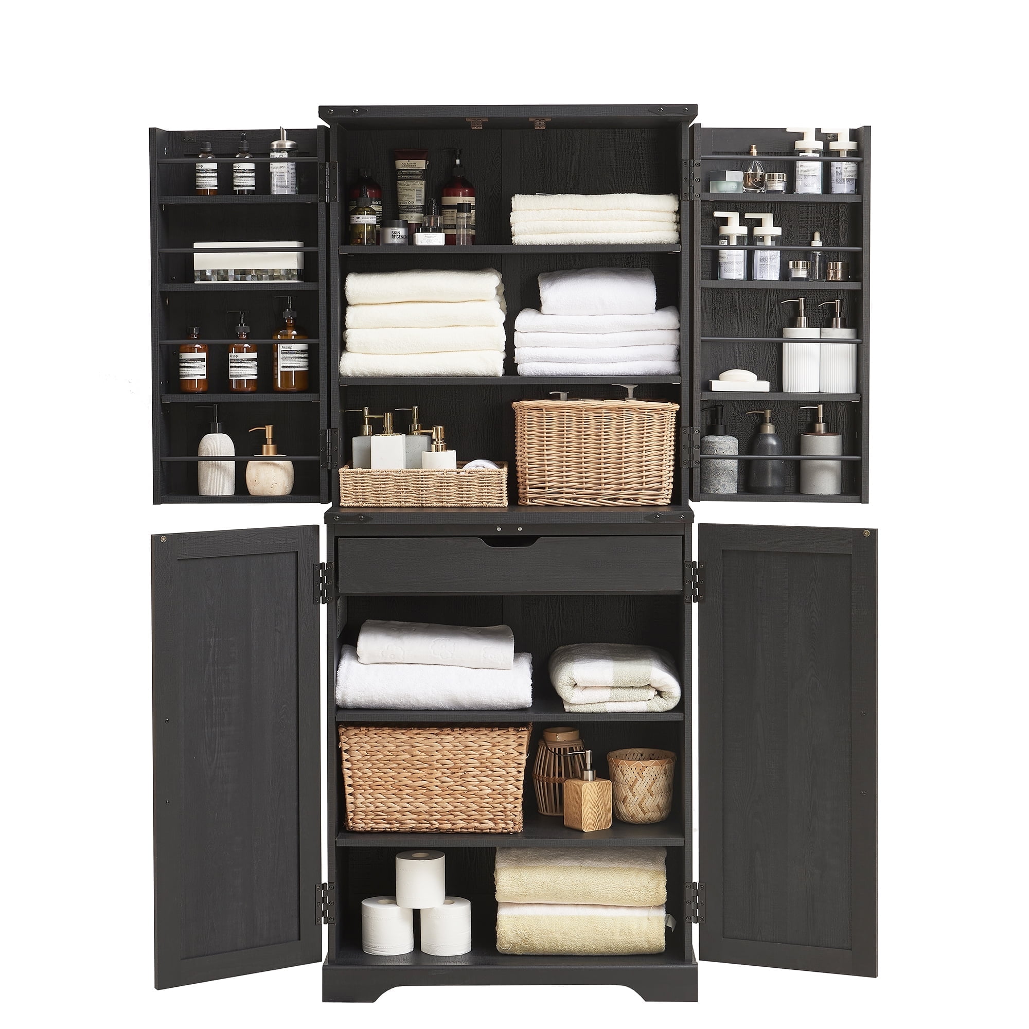 ACCOHOHO 72" Tall Kitchen Pantry, Farmhouse Storage Cabinet with Barn Doors, Drawer and Adjustable Shelves, Rustic Wood Cupboard for Kitchen, Dining Room, Bathroom, Black