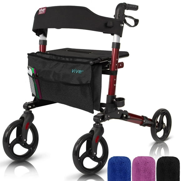 Andador con ruedas Vive Mobility - Andador médico plegable de 4 ruedas con asiento y bolsa - Ayuda de movilidad para adultos, personas mayores y personas con discapacidad (rojo rubí, bolsa negra)