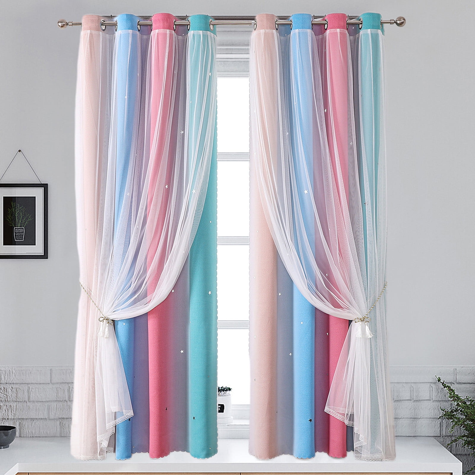 2-in-1 Double-Layer Kids & Girls Unicorn Princess Ombre Blackout Curtains with Foil Print Sheer,Panels for Bedroom, Nursery, Living Room - Yellow Purple Blue, 52W x 63L