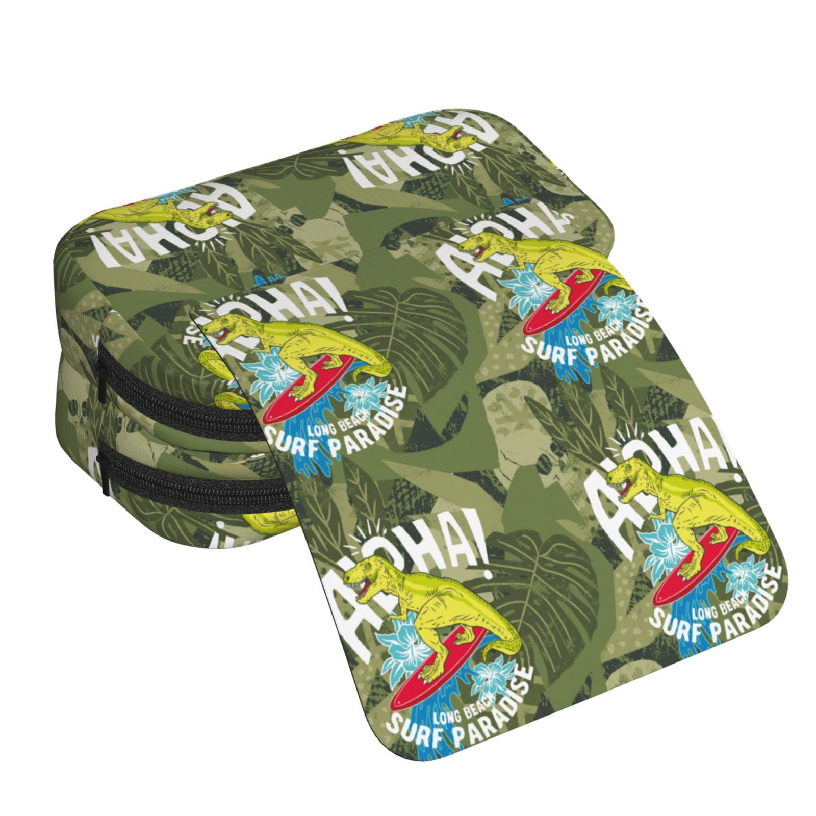 Rateoe Surfing Dinosaur Pattern Double Clamshell Pen Case, Storage Organizer with Two Zipper Compartments– Holds Up to 50 Pencils & Pens