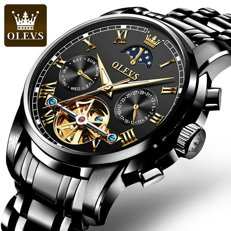 OLEVS Men Automatic Watches Skeleton Tourbillon Mechanical Self-Wind Luxury  Dress Wrist Watch Moon Phase Waterproof Watch Black