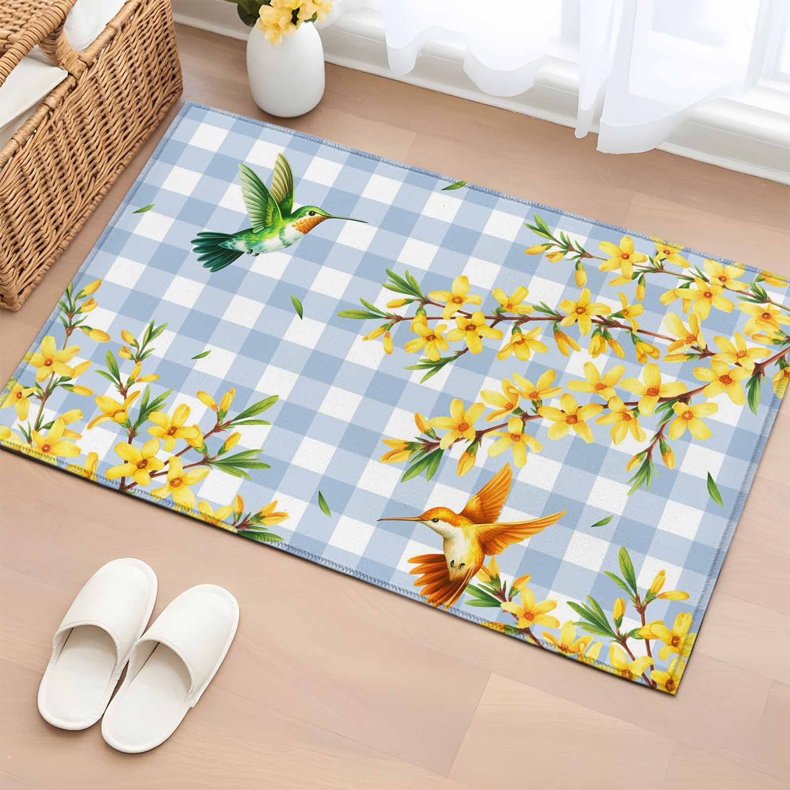 Bathroom Rugs 2x3 Ft, Forsythia Flowers Non Slip Area Rugs for Kitchen Bedroom Entryway, Spring Yellow Floral Hummingbird Blue Plaid Washable Carpet Runner Rug Floor Mats for Bedroom Home Decor