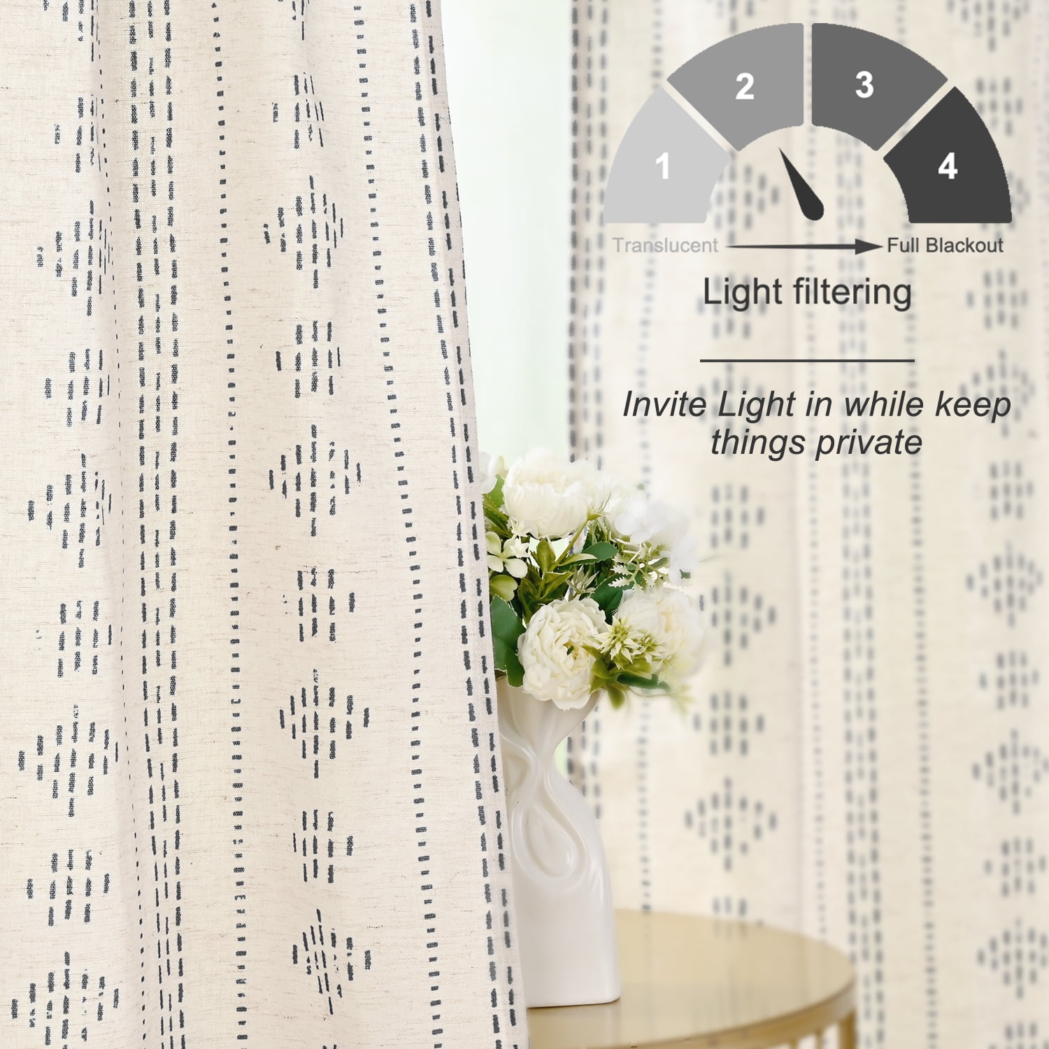 Alishomtll Boho Farmhouse Curtains Linen Light Filtering Grey Geometric Striped Window Drapes ,52"x63", 2 Panels