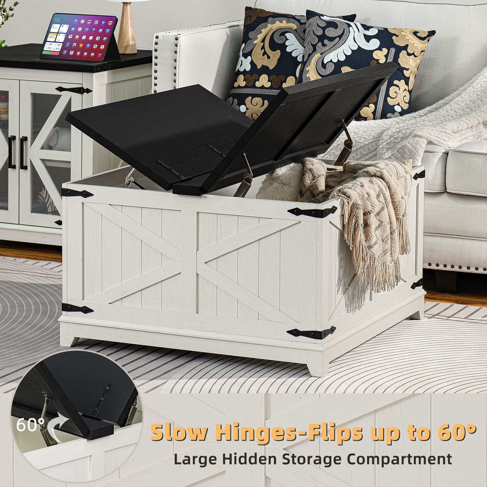 Joaxswe 3-Piece Coffee Table Set with Lift-top Table and 2 End Tables with USB Ports, Farmhouse Living Room Table Sets for Home and Office, White