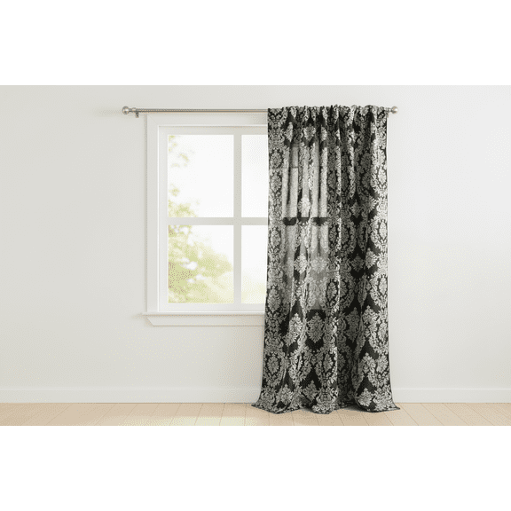 Flocking Damask Taffeta Window Curtain 56 Inch Wide Grey on Black