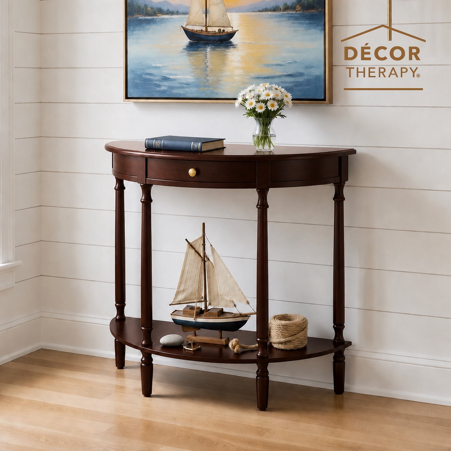 Decor Therapy Truro Half Round Console Table, Traditional Entryway Table with Drawer and Lower Shelf, Classic Hall or Sofa Table for Foyer, Living Room, Walnut