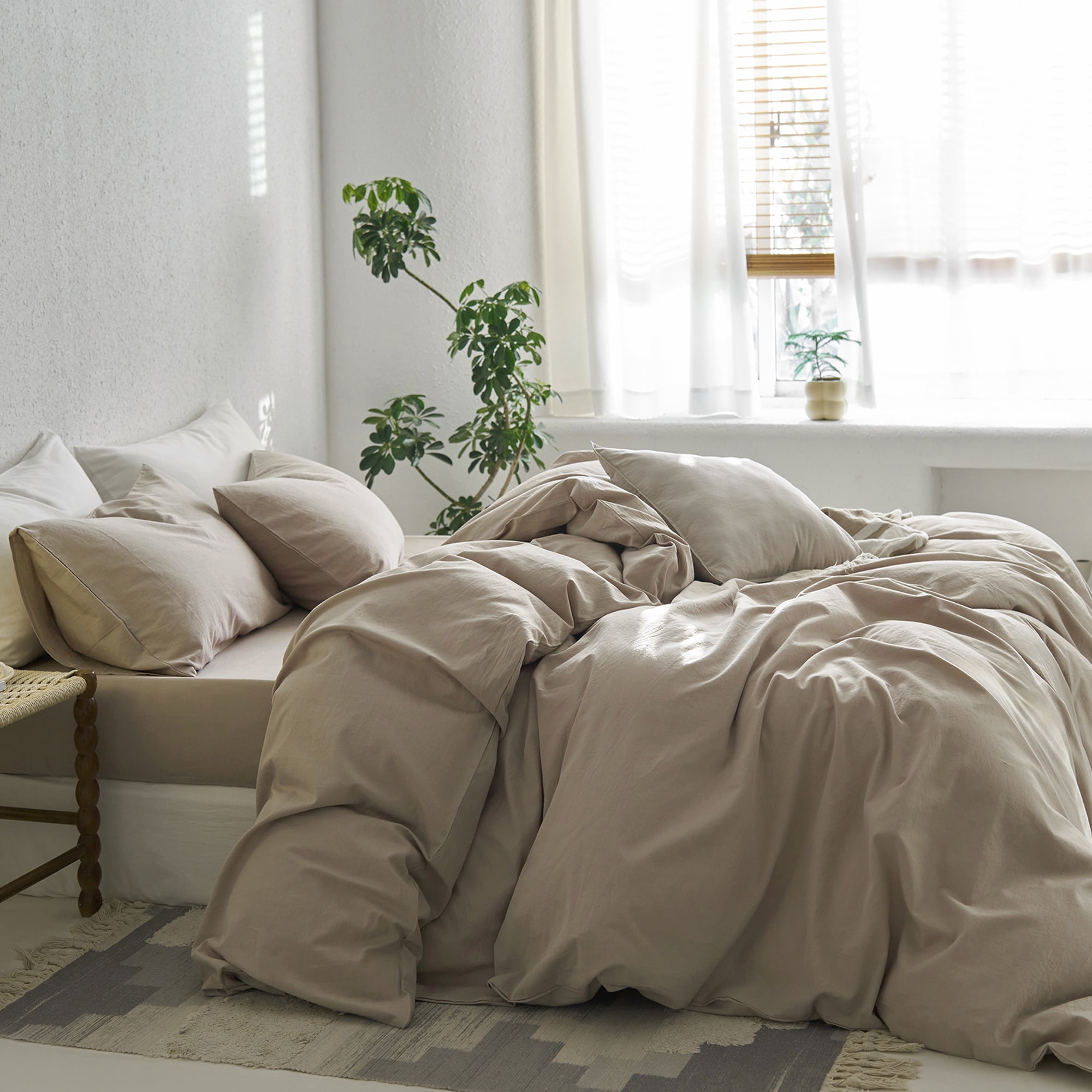MooMee Duvet Cover Set Twin 100% Washed Cotton Twill Ultra-Soft Breathable Linen Like 2-Piece (Tannish Linen Grey, 68"x90")
