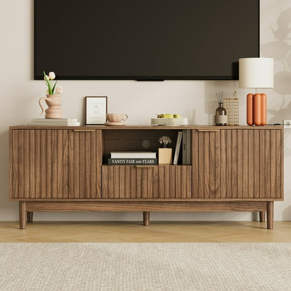 57" Fluted TV Stand, Media Console with Storage and Open Compartment, Wood Entertainment Center for TVs Up to 65 Inch, Narrow Under TV Cabinet for Living Room, Bedroom