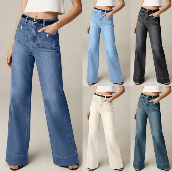 FRSASU Women‘s High Waisted Loose Straight Leg Jeans Stretchy Wide Leg Jeans Trendy Denim Pants with Pockets Navy