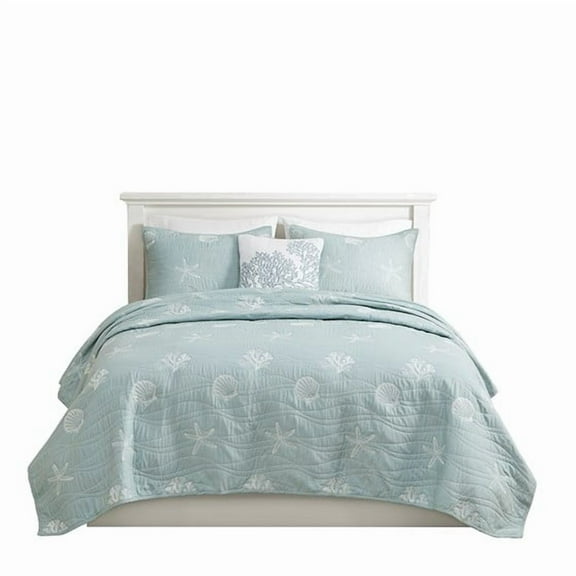 Izzovium Aqua Full/Queen 4-Piece Reversible Quilt Set with Embroidered Pillow, Cotton Bedding