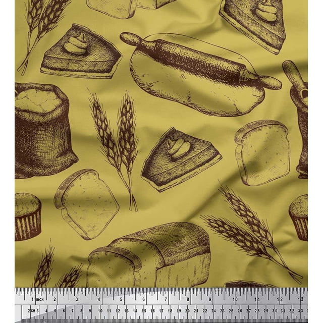 Soimoi Poly Georgette Fabric Rolling Pin,Wheat & Sandwich Bread Food Printed Fabric 1 Yard 42 Inch Wide
