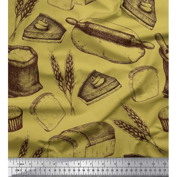 Soimoi Viscose Chiffon Fabric Rolling Pin,Wheat & Sandwich Bread Food Print Sewing Fabric Yard 42 Inch Wide