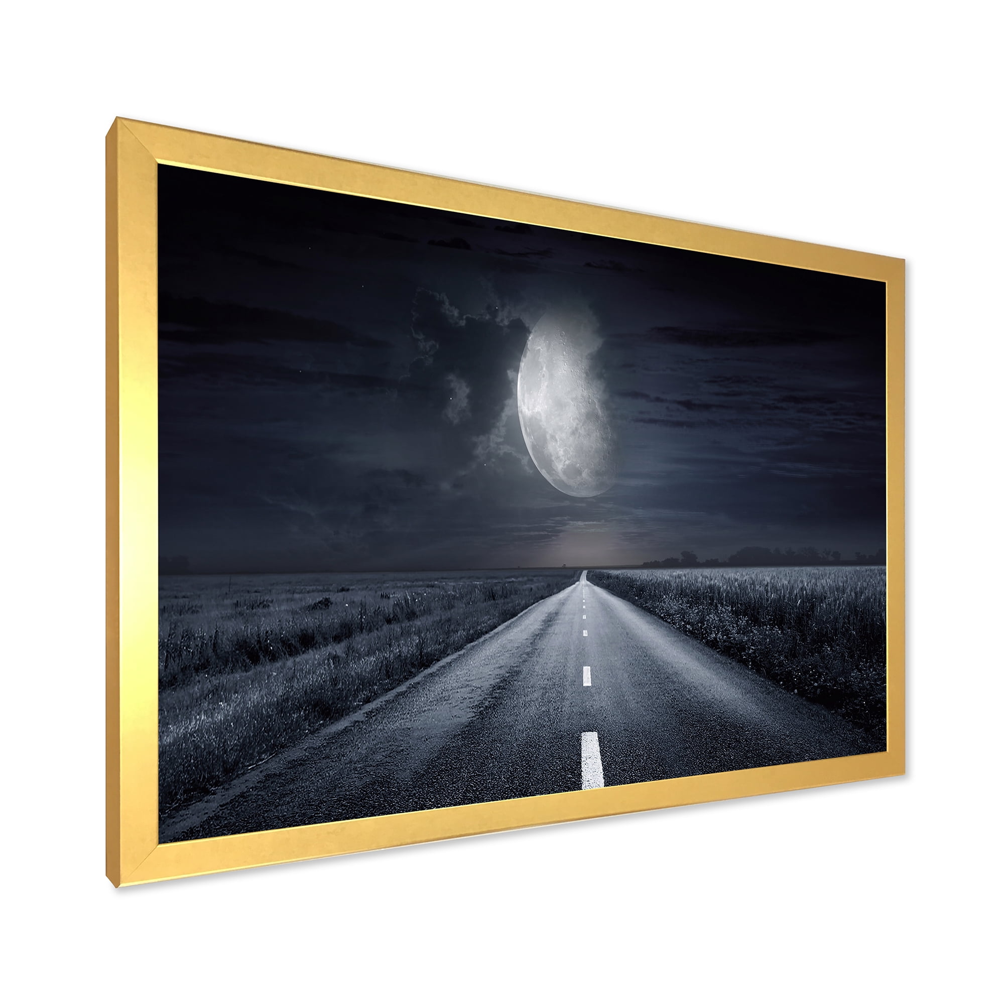 Designart 'Cloudy Full Moon Over Asphalt Road III' Nautical & Coastal Framed Art Print