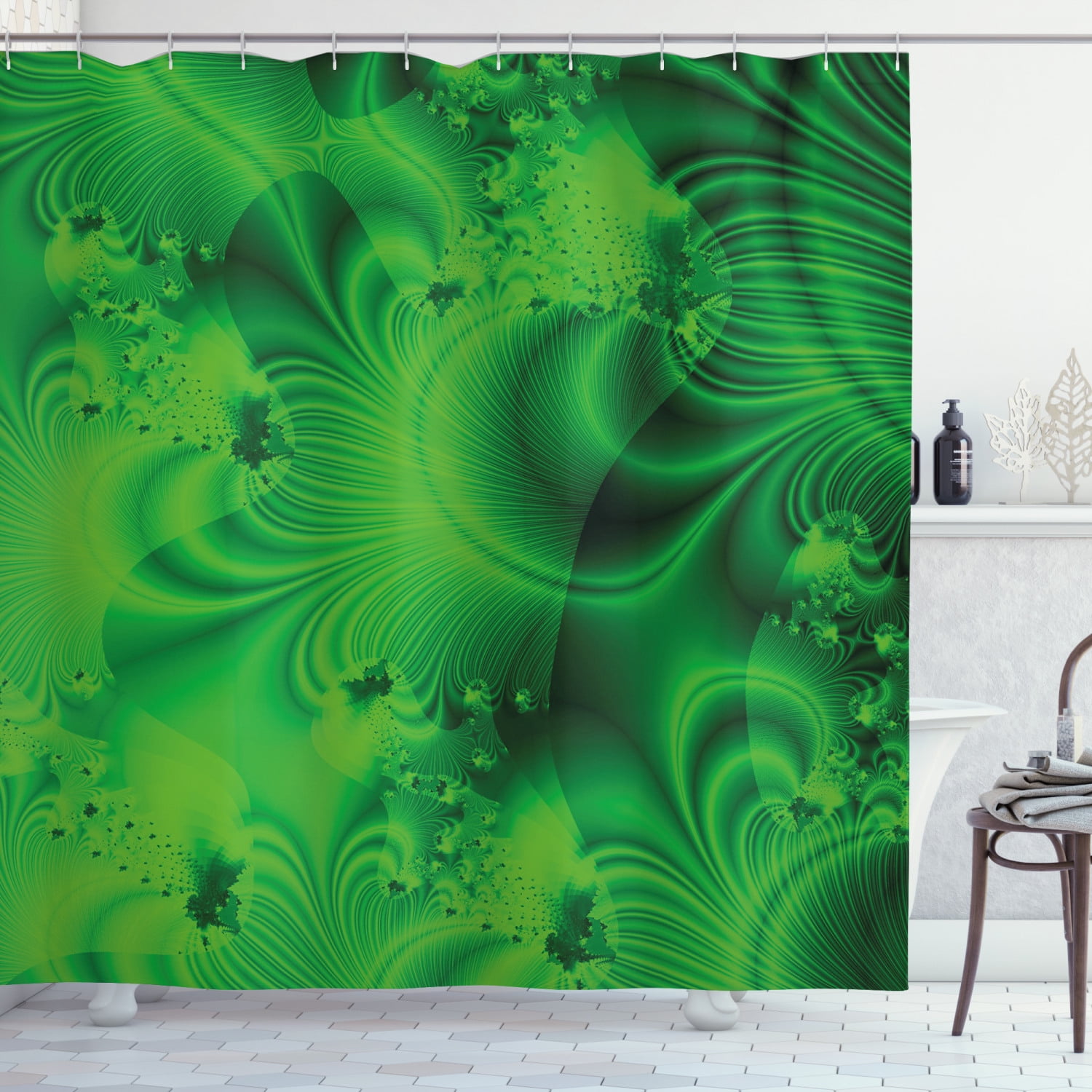 Lime Green Shower Curtain, Vibrant Abstract Hazy Psychedelic Wavy Color