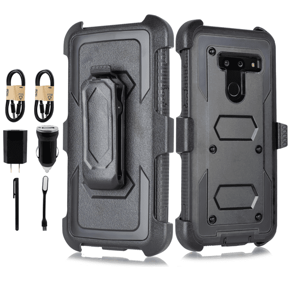 Value Pack for 6.2" LG Q8 Combo Holster Screen Protector Included Kickstand Built in Screen Dual Layer Rugged Shockproof Resistant Belt Clip Heavy Duty Armor Impact Bumper Phone Case + [Black]