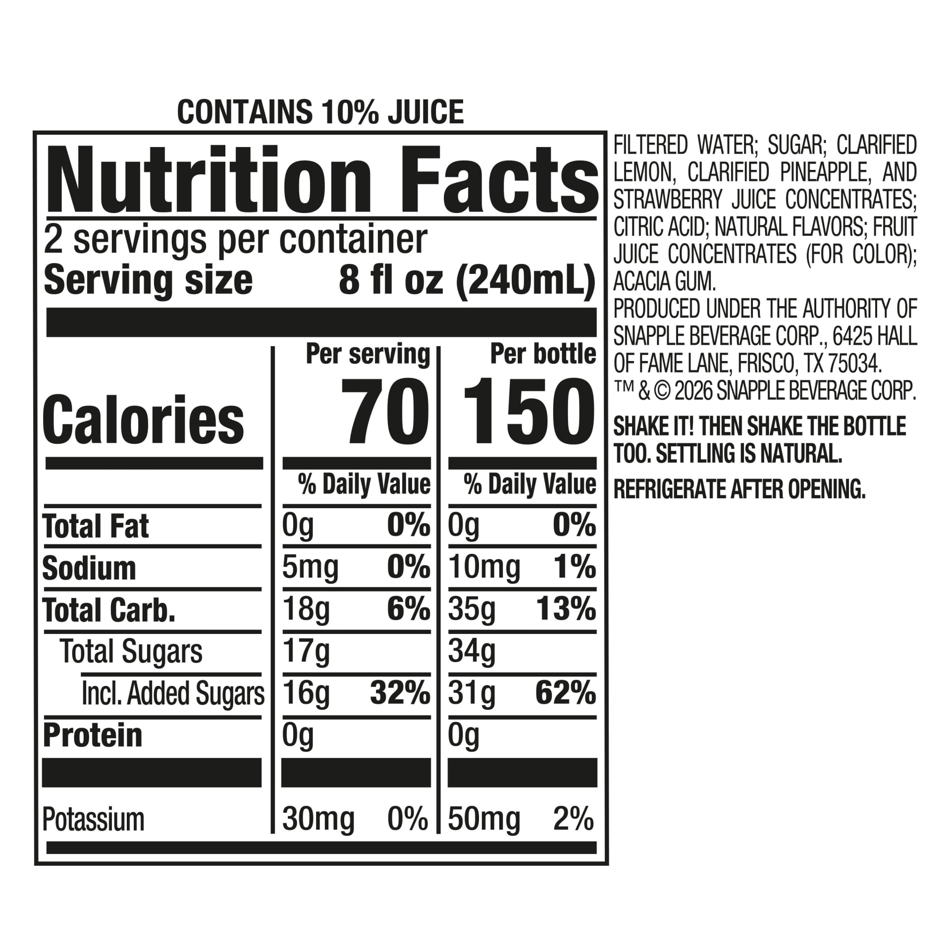 Snapple Strawberry Pineapple Lemonade, 16 fl oz recycled plastic bottle