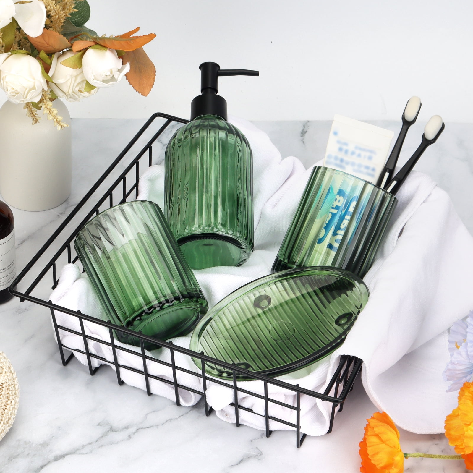 Bathroom Accessories Set, 4Pcs Bathroom Glass Soap Dispenser Set ,with Soap Dispenser , Soap Dish, Tumbler,Green