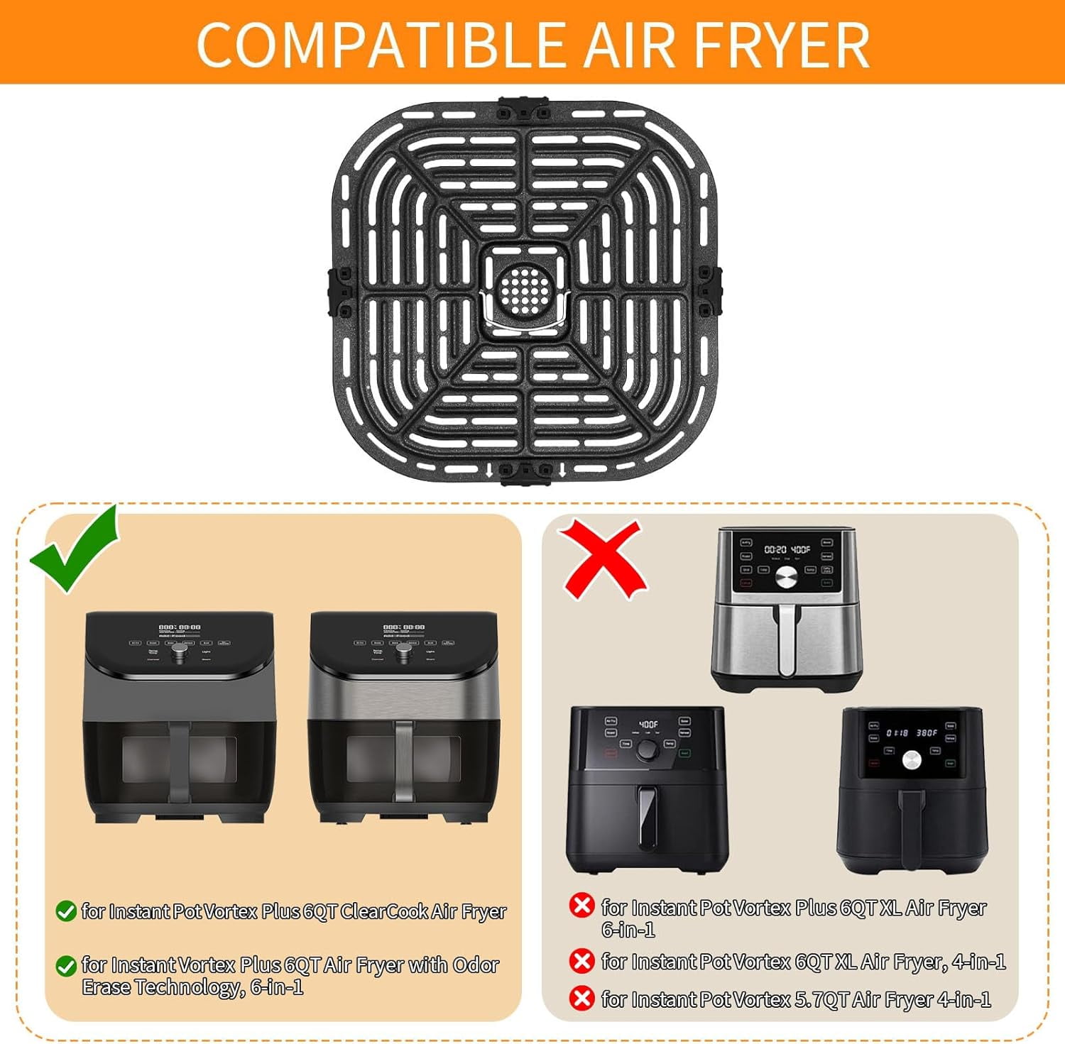 Air Fryer Replacement Tray for Instant Vortex Plus 6QT instant pot vortex plus 6QT Clear Cook Air Fryer, Original Air Fryer Accessories Grill Pan Plate Crisper Plate Rack Parts,Dishwasher Safe
