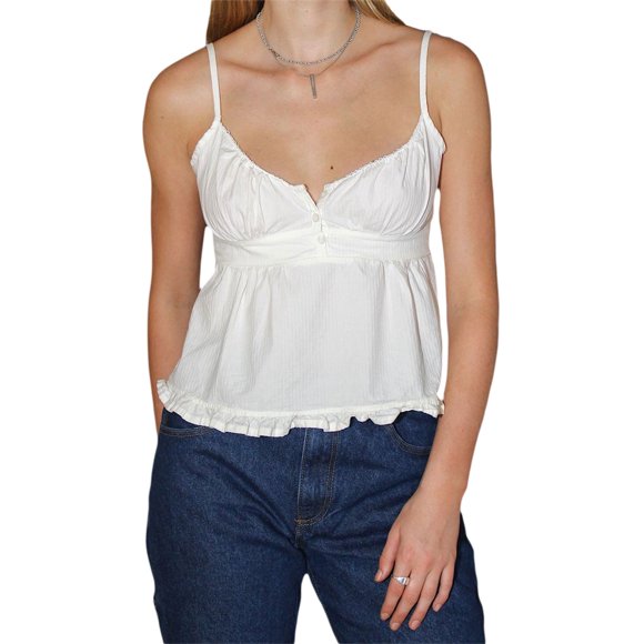 VISgogo Camisola casual de verano para mujer, sin mangas, cuello en V profundo, dobladillo con volantes, chaleco VISgogo moda