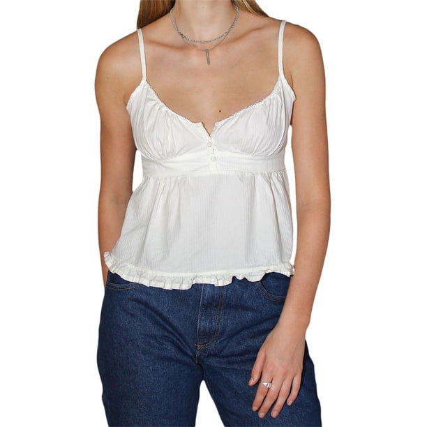 VISgogo Camisola casual de verano para mujer, sin mangas, cuello en V profundo, dobladillo con volantes, chaleco VISgogo moda