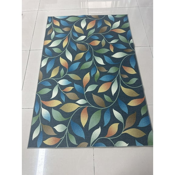Yesfashion Carpets Area Rugs Washable 330Gsm Pile (1100Gsm) Belgian Velvet Cotton Tpr Washed Folding Backing Carpet-Modern-Golden Branches And Jade Leaves Gray/Blue 9*12ft