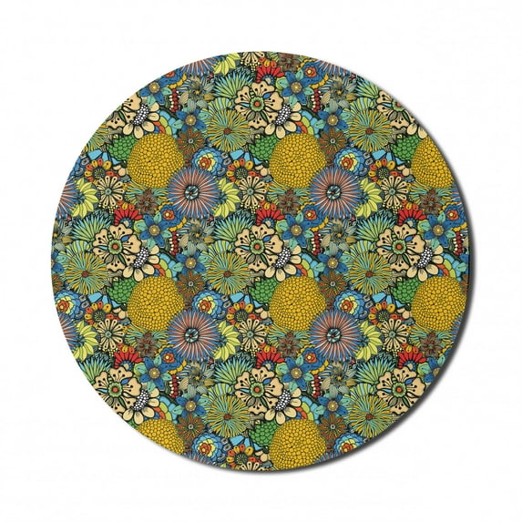 Garden Art Mouse Pad for Computers, Whimsical Florist Pattern with Doodle Funny Plants Rich Summer Nature, Round Non-Slip Thick Rubber Modern Gaming Mousepad, 8" Round, Multicolor, by Ambesonne