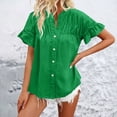 thumbnail image 4 of Timegard Tops for Women Ruched Ruffle Short Sleeve Stand Collar Shirts Casual Loose Button up Blouse, 4 of 5