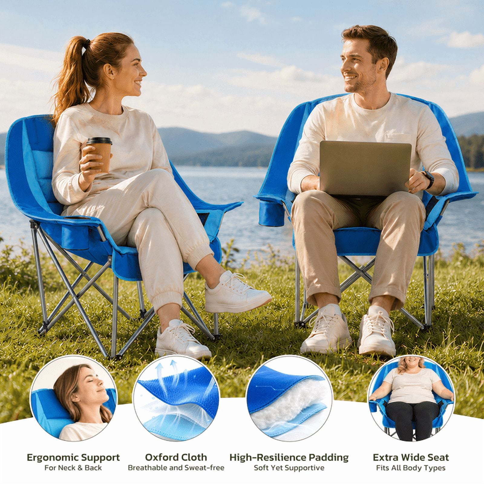 Simple Deluxe Extra Oversized Outdoor Foldable Camping Chair, with Cup Holder and Carrying Bag, Camping Chair with 500lbs Capacity and Sturdy Material, Suitable for Beaches, Hiking and Camping, Blue