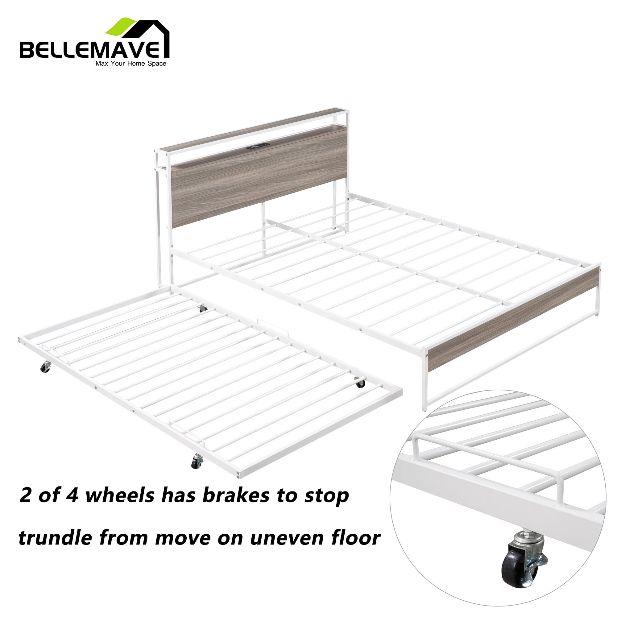 Bellemave Queen Platform Bed Frame with Twin Size Trundle, Usb Ports and Storage Shelf, Metal Queen Bed Frame with Headboard, Noise-Free, No Box Spring Needed(White)