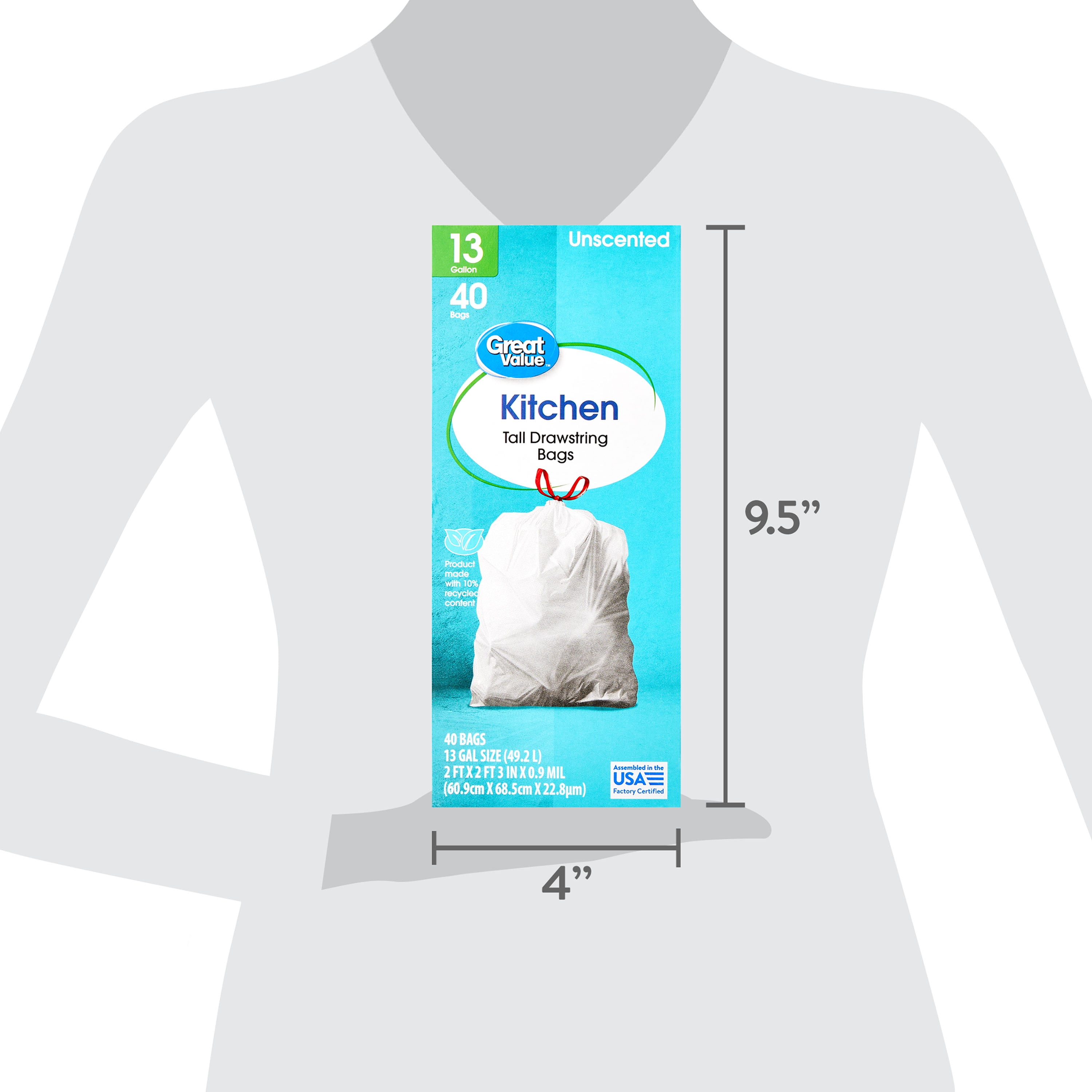 Great Value 13-Gallon Drawstring Tall Kitchen Trash Bags, Unscented, 40 Count