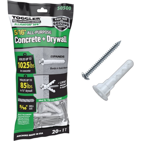 TOGGLER Alligator AF8 Flanged Anchor with Screws, Polypropylene, Made in US, for #8 to #14 Fastener Sizes Pack of 20