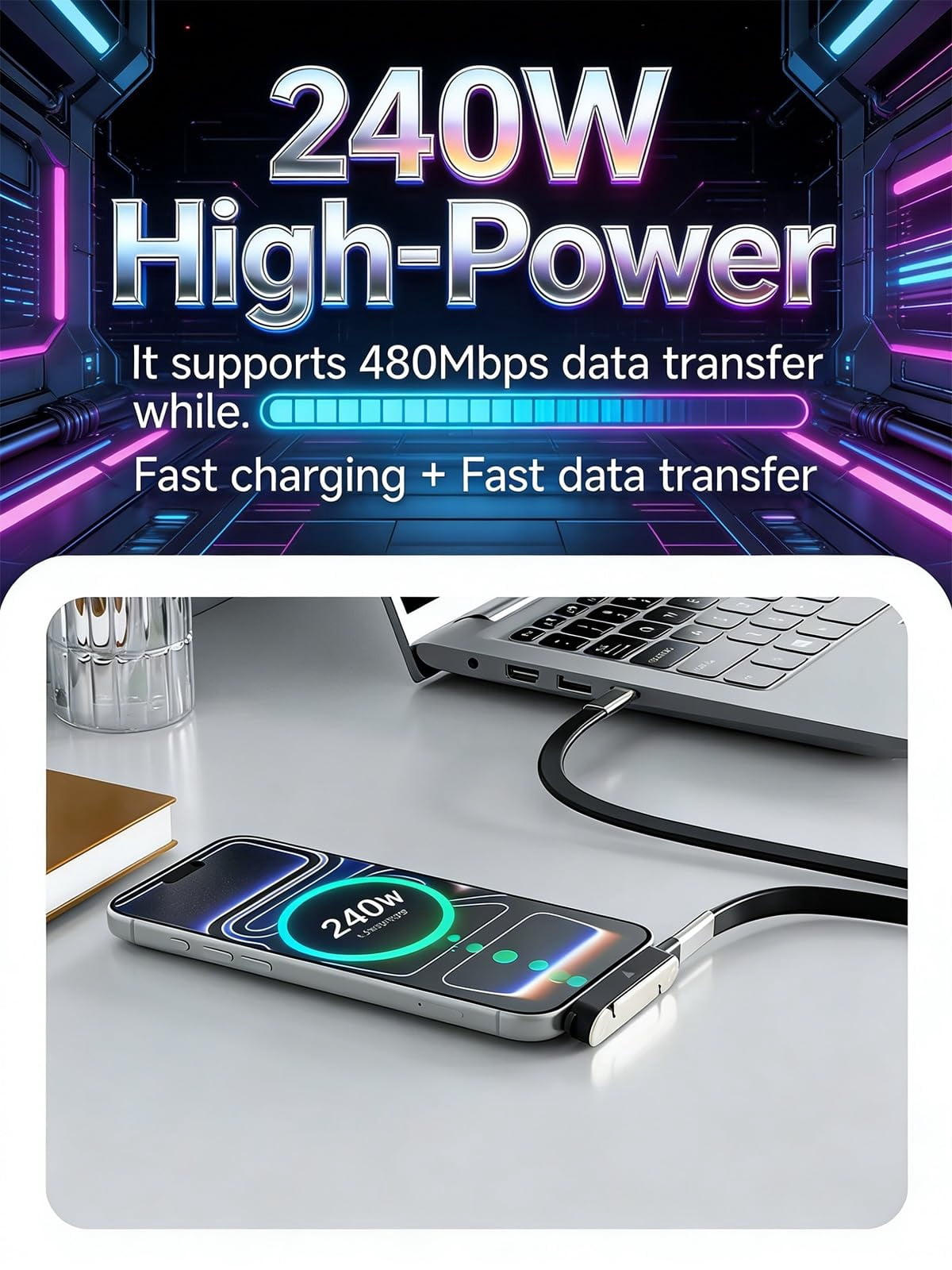 Detachable 240w Super Fast Charging 2-in-1 Charging Cable with Phone Charger Invisible Stand Flat Phone Charger Type-C 90 Degree 240w Stand Data Cable Right Angle Sideways