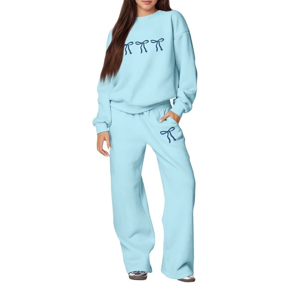 CIENVNSTG Sweat Set for Women Two Piece Bow Print Tracksuit Long Sleeve Round Neck Wide Leg Sweatpants 2 Piece Outfits Light Blue M