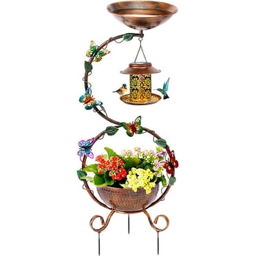 37.8" Bird Bath and Solar Bird Feeders Combo with Flower Planter Pedestal, Metal Bird Baths for Outdoors, Decorative Birdbath with Butterfly for Outside Garden Yard, Weather Resistant