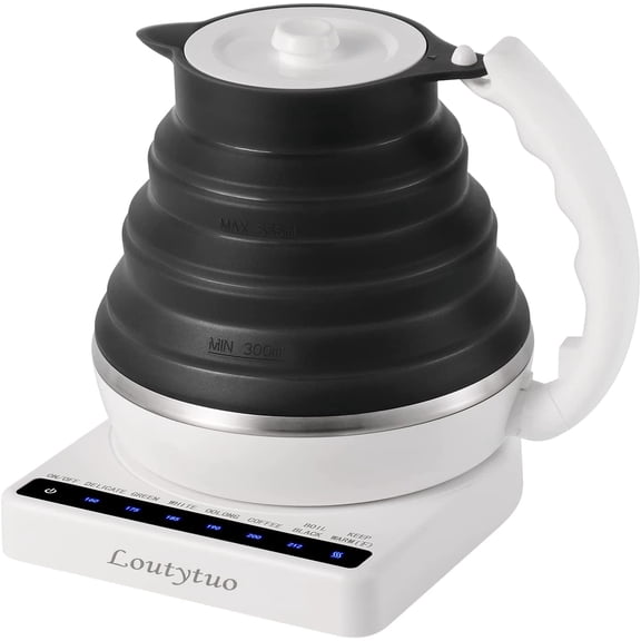 Ultrathin Food Grade Silicone Foldable Electric Kettle with Variable Temperature Control Dual Voltage Auto Shutoff Boil Dry Protection Keep Warm 555 mL 110-220 V US Plug Black