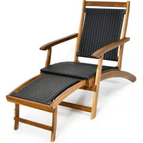 Patio Chaise Lounge Chair - Acacia Wood Folding Rattan Wicker Chair w/Retractable Footrest, Space-Saving Ergonomic Deck Chair for Garden, Poolside, Patio