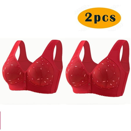 Crunowin 2Pc Bra For Seniors Front Closure for Women  Soft Casual Bra Plus Size Wire Free Lingerie Red 6XL