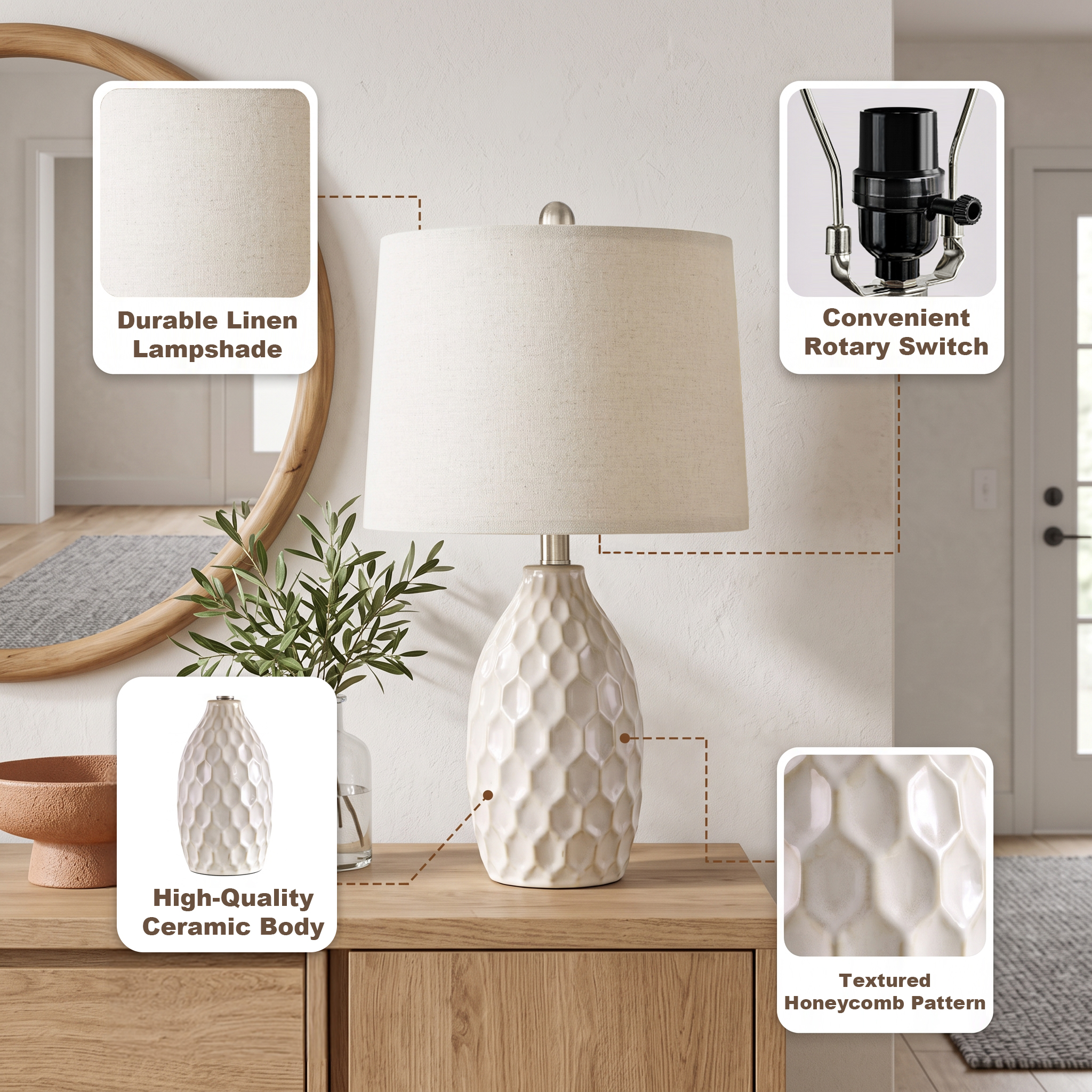 Oneach Modern Table Lamps, Ceramic, 21.5 Inches, Set of 2, White photo 2