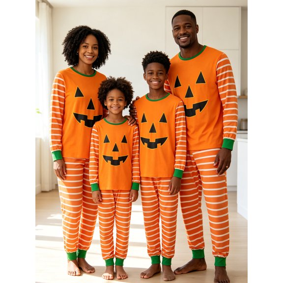 Family Matching Pajamas Set Halloween Pumpkin Print Long Sleeve Tops Pants Set