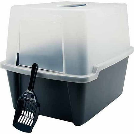 Iris Hooded Cat Litter Box with Grate and Scoop, Navy