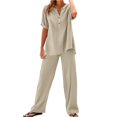 thumbnail image 4 of Bovemsi Women's Solid Color Cotton Linen Shirt & Pants Set – Short Sleeve Drawstring Waist Vacation Suit, Yellow, 4XL, 4 of 5