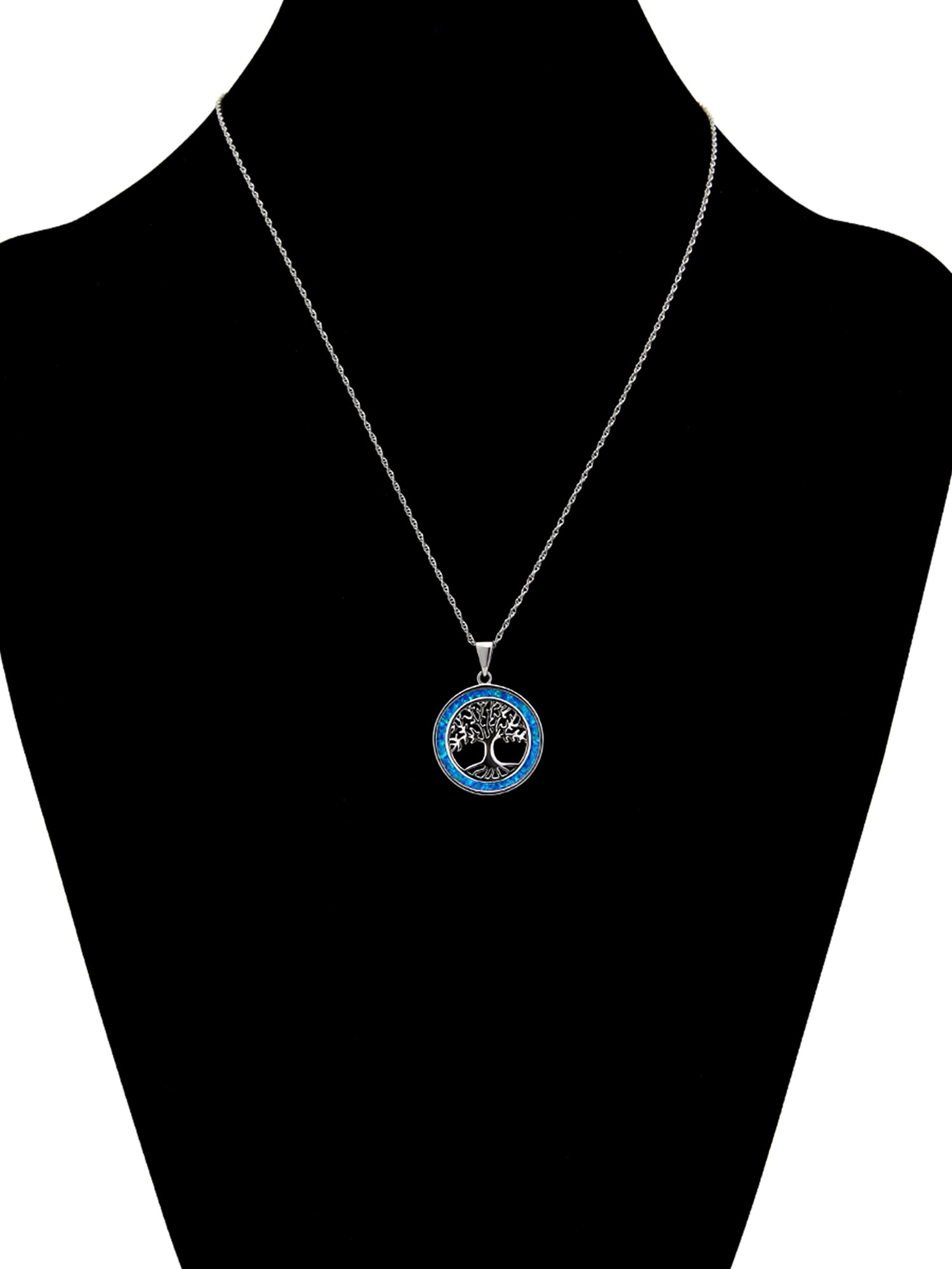 Brilliance Fine Jewelry Created Blue Opal and Simulated Diamond Family Tree Pendant in Sterling Silver
