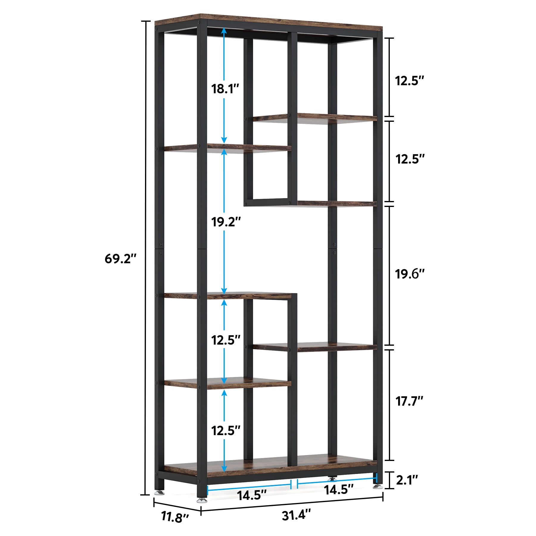 Tribesigns Industrial 8-Tier Bookcase, 69.2" Display Storage Bookshelf with Metal Frame for Living Room, Home Office, Rustic Brown