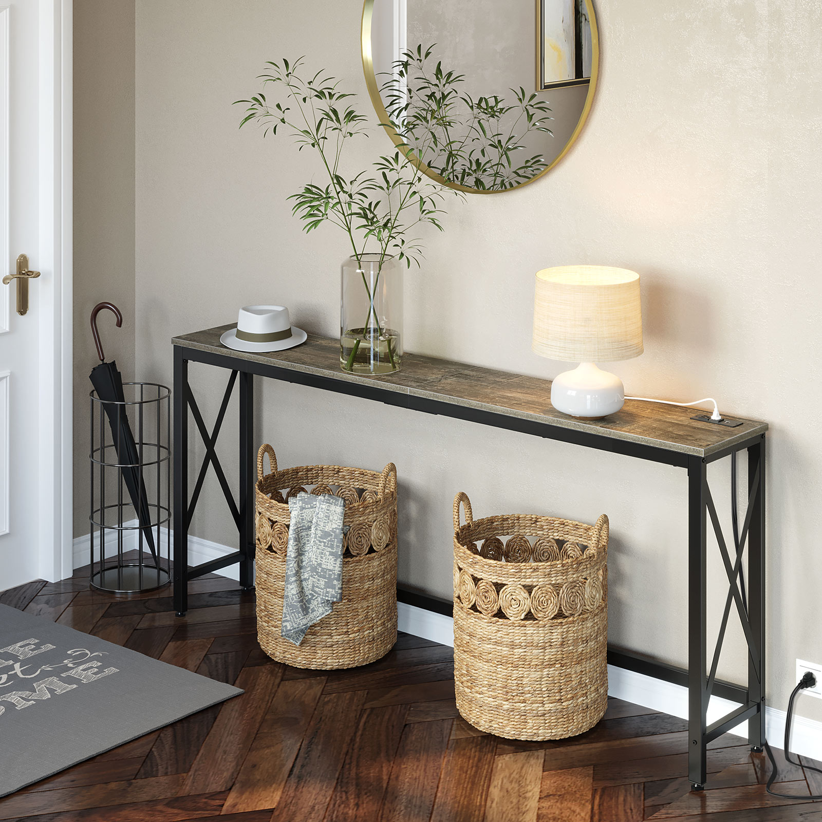 Rolanstar Console Table with Power Outlet, Retro Narrow Sofa Table for