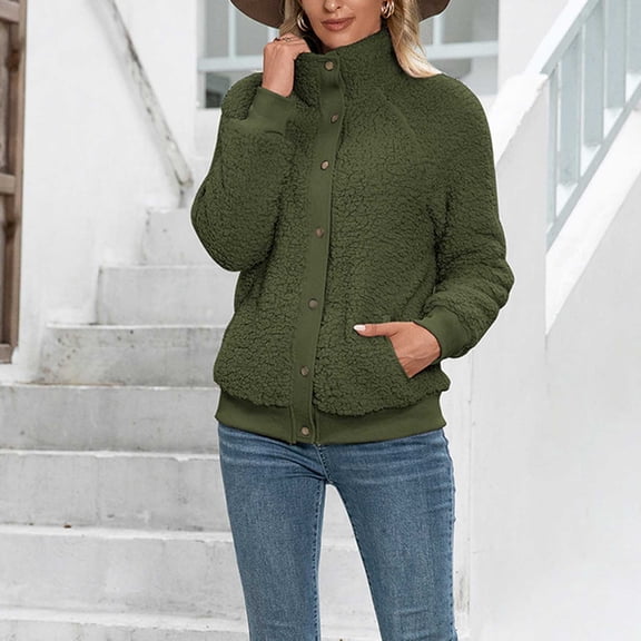 Lilgiuy Women's Autumn And Winter Solid Color Long Sleeves Double Sided Fleece Jacket Cardigan Coat Army Green,6(M) Winter Fashion 2022