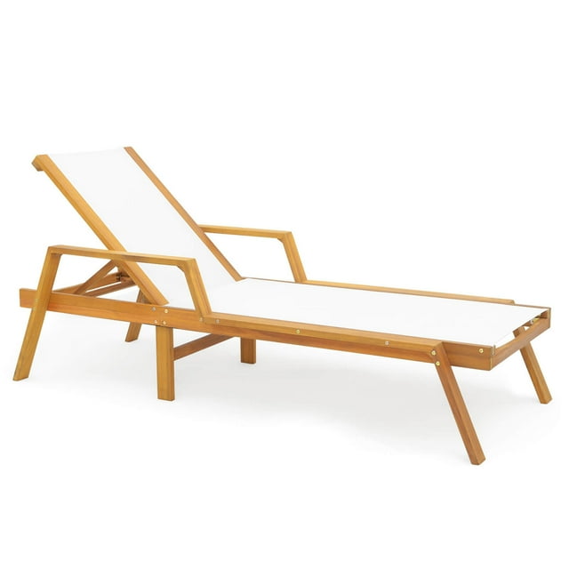 Costway Chaise Longue d'Extérieur 1 Pce avec Dossier Réglable à 5 Positions, Cadre en Bois Massif