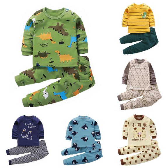 Toddler Boys 2 Piece Outfits Cute Cartoon Pattern Print Long Sleeved Tops and Pants Sleepwear Fall Clothes Set Size 2-3T ,Green