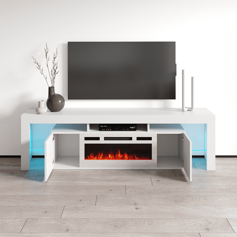 White modern tv 2024 stand with fireplace